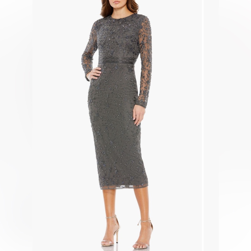 Beaded Tea Length Dress w/ Sheer Sleeves